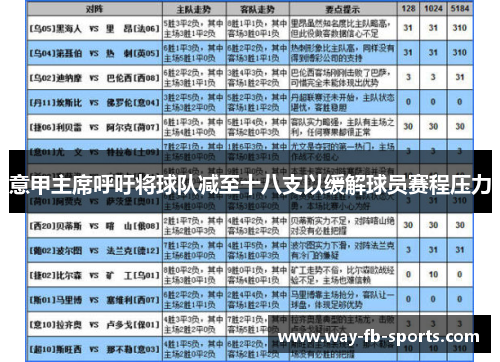 意甲主席呼吁将球队减至十八支以缓解球员赛程压力