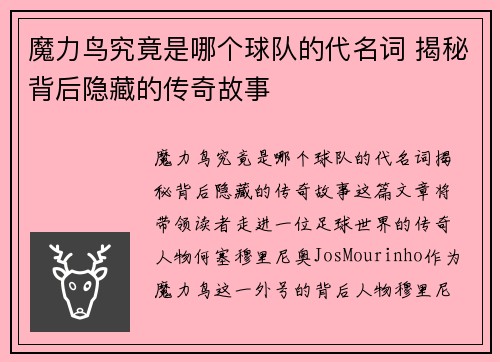 魔力鸟究竟是哪个球队的代名词 揭秘背后隐藏的传奇故事