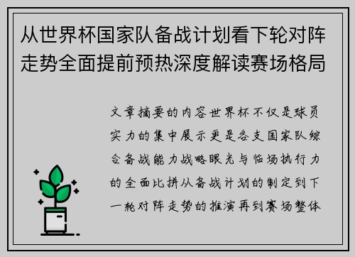 从世界杯国家队备战计划看下轮对阵走势全面提前预热深度解读赛场格局